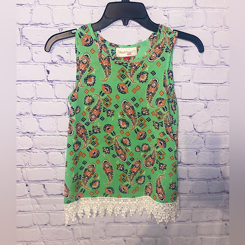 3/$15 Green Paisley Tank Top with Lace Trim